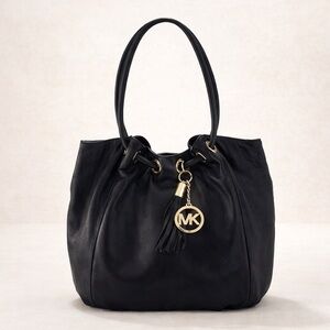 Michael Kors Camden Pebbled Leather Bucket Bag Black with MK Medallion Tassel